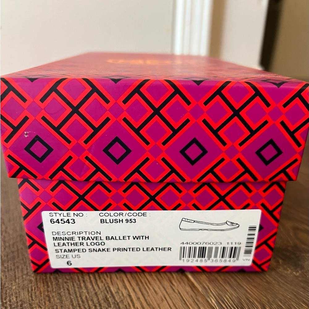 Tory Burch Minnie Travel Ballet Stamped Snake Printed Leather Blush Pink Size 6 - Picture 7 of 11